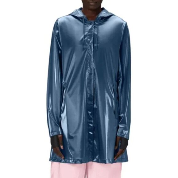Rains Jackets & Blazers - RAINS A-Line Waterproof Hooded Rain Jacket in Sonic Blue Metallic XS